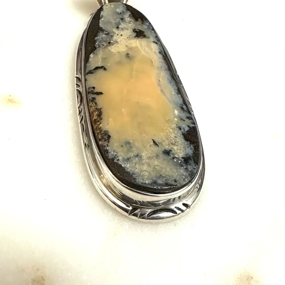 Samson Sam Kee Native American Navajo Honey Moss Agate Sterling Silver Pendant